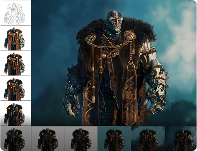 Fantasy warrior character turnaround with design variations